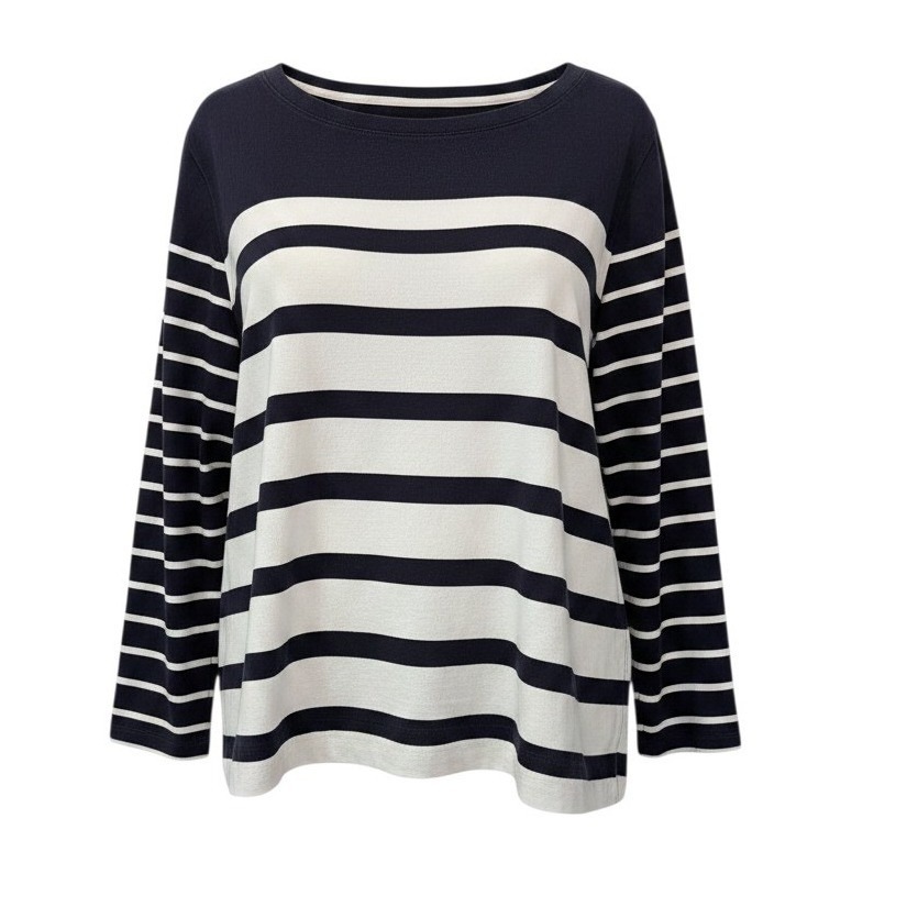 Lands End T Shirt Navy White Striped Nautical Crew Neck Long Sleeve - Xl